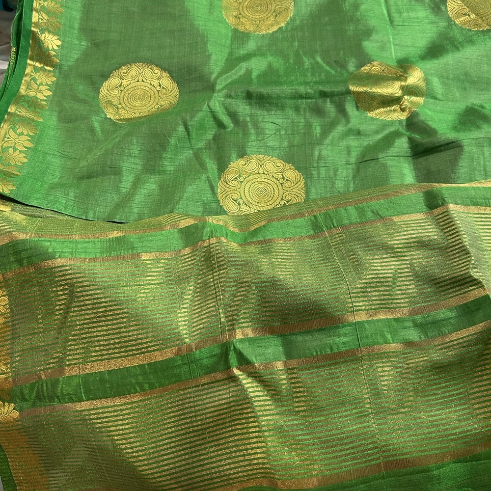 Green and Gold Saree with Floral Patterns